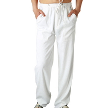 Calças casuais masculinas, calças de linho de algodão natural branco, de linho, cintura elástica, calças retas, calça solta de praia 2024 - compre barato