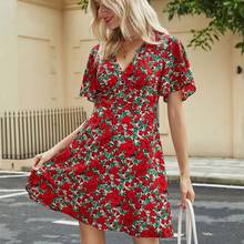 Women Short Sleeve Sexy V-Neck Flowy Dress Boho Red Floral Print A-Line Sundress LX9E 2024 - buy cheap