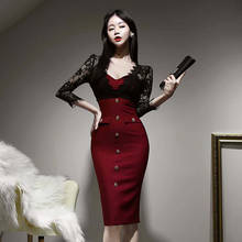 Nova chegada moda coreano primavera midi vestido feminino ol temperamento profissional sexy v-neck perspectiva rendas vestido lápis fino 2024 - compre barato