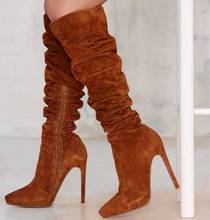 Hot Selling Brown Suede Women Knee High Boots Pointed Toe Side Zipper Pleated Tight High Boots Thin Heels Banquet Shoes Pumps 2024 - buy cheap