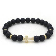 Pave Setting Zircon Cross Charm Bracelet Natural Volcanic Lava Stone Elastic Rope Beaded Bracelets for Women Men Couple Jewelry 2024 - buy cheap