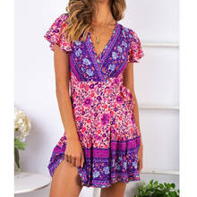 Boho Printed Wrap Dress 2020 Summer Bodycon Mini Dress Ladies Holiday Beach Sundress 2024 - buy cheap