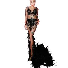 Black Mesh Rhinestone Feather Tail Dress Women's Evening Party Perspective Luxurious Dress Prom Birthday Celebrate Dress 2024 - buy cheap