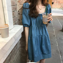 Women Summer Sweet Square Collar Denim Mini Dress Loose Waistline Puff Sleeve Fresh Straight Short Sundress 2024 - buy cheap