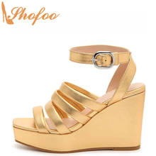 Sapato alto dourado plataforma, calçado feminino, sandálias de dedo quadrado, tamanho grande 14 15, verão, tira com fivela, sapatos maduros 2024 - compre barato