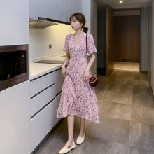 Vestido Midi Vintage de gasa rosa para primavera y verano, traje femenino de fiesta con estampado de talla grande, elegante y ceñido, 2021 2024 - compra barato