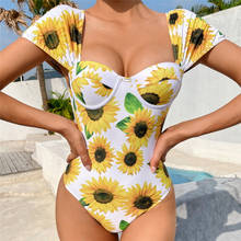 New Sexy Sunflower Print 2021 Swimwear Women One Piece Swimsuit Push Up Short Sleeve Bodysuit Bathing Suits Floral Beachwear 2024 - buy cheap