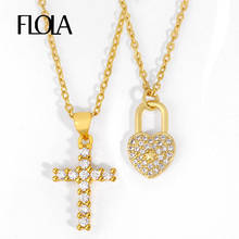 FLOLA Gold Filled Heart Padlock Charm Pendant Necklaces For Women CZ Crystal Lock Cross Necklace Jewelry collar cruz nker01 2024 - buy cheap