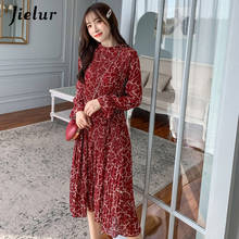 Jielur 2021 New Print Red Black Women's Dresses Spring Chic Elegant Lady Pleated Dress Female Loose Basic Chiffon Vestido S-XXL 2024 - buy cheap