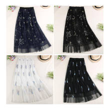 Sweet Embroidered Pleated Tulle Skirt Women Summer A Line Long Skirts High Waist Sequined Planets Mesh Maxi Skirts BB016 2024 - buy cheap