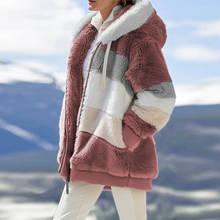 Jaqueta feminina parca pelo sintético, casaco feminino folgado com capuz cores mistas retalhos inverno 2021 2024 - compre barato
