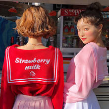 Suéter suave japonés para mujer, suéter con cuello de Sailor, letras, diseño de fresa, Jacquard de punto, rosa y rojo, Otoño e Invierno 2024 - compra barato