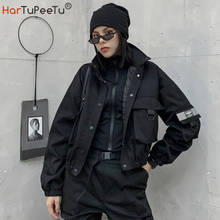 2021 весна осень Женская короткая куртка стиль сафари однотонное черное пальто с длинным рукавом Свободные пуговицы эластичный подол женский шикарный укороченный топ 2024 - купить недорого