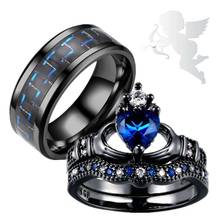 Couple Rings - Men's Carbon Fiber Stainless Steel Ring and Women's Black Blue Crystal Wedding Engagement Heart Ring Set 2024 - buy cheap