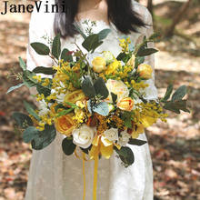 Janevini buquê de flores artificial para casamento, buquê vintage amarelo com rosas de seda artificiais, acessórios para casamento, damas de honra 2024 - compre barato