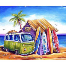 Pintura por número 40x50 50x65cm seaside chalet carro paisagem parede arte presente diy fotos por números kits de lona decoração para casa 2024 - compre barato