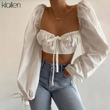 KLALIEN fashion elegant french romantic white female t shirt autumn lantern Sleeve sexy bow bandage top women slim wild t shirt 2024 - buy cheap