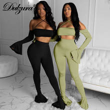 Dulzura Solid Women Two Piece Set Halter Crop Top Flare Long Sleeve Off Shoulder High Waist Pants Streetwear 2020 Autumn Club 2024 - buy cheap