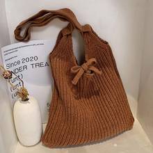 Woolen malha trança bolsa feminina crochê coreano moda chique tricô sacos de ombro tote bags for women 2021 verão praia saco 2024 - compre barato