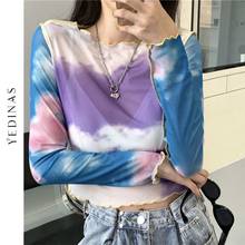 Yedinas tie dye malha superior ver através magro mangas compridas t camisa feminina moda estilo coreano recortada topo feminino clube colheita superior 2021 2024 - compre barato