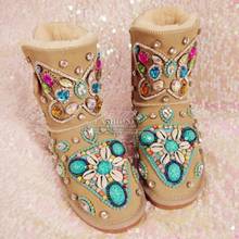 Botas femininas de couro bovino com pele, novo, estilo étnico, artesanal, diamantes pesados, cano médio, integrado, quente, neve, inverno, 2020 2024 - compre barato