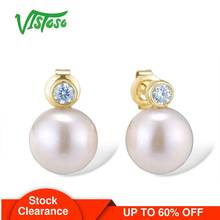 VISTOSO Pure 14K 585 Yellow Gold Earrings For Women Sparkling Diamond Fresh Water Pearl Unique Trendy Elegant Fine Jewelry 2024 - buy cheap