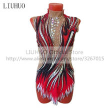 Liuhuo vestido feminino adulto vermelho, para performance rítmica e ginástica, competição de malha, patinação artística, vestido de dança sem mangas 2024 - compre barato