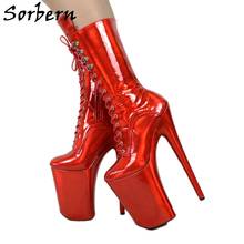 Sorbern Holographic Red Drag Queen Boots Mid Calf High Lace Up 9 Inch High Heels Pole Dance Heels Platform Shoes Crossdressing 2024 - buy cheap