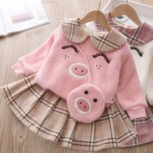 Baby Girl Autumn and Winter Warm Cartoon Knitted Wool Sweater Plus Velvet Padded Suit Girls Plaid Skirt Plush Kids Clothes 3pcs 2024 - buy cheap