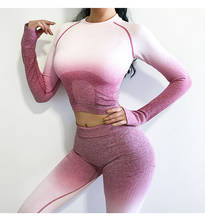 2PCS Yoga Set Women Long Sleeve Crop Tops And High Waisted Tummy Control Sport Leggings Gym Clothing Ombre Seamless Sport Suit 2024 - buy cheap