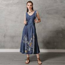 Retro Denim Dresses Summer 2019 Sleeveless Sundress Embroidery Tank Vestdio Slim Long Vintage Jean Dresses Women 2019 OS029 2024 - buy cheap