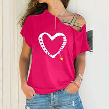 Camiseta com estampa de coração feminina, camisa de um ombro aberto casual para mulheres, com ombro cruzado, manga curta irregular, 2021 2024 - compre barato