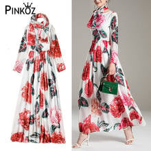 Pinkoz red flower rose printed O-neck long sleeve spring autum new fashion maxi dress for women casual large size chiffon silky 2024 - buy cheap