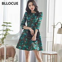 BLLOCUE-vestido Vintage con estampado de flores para mujer, ropa de oficina, color verde, Jacquard, manga 2020, cintura alta, 3/4 2024 - compra barato