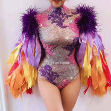 Colorful Full Rhinestones Feather Ribbon Bodysuit Birthday Celebrate Prom Outfit Evening Female Singer Performance Dance Costume 2024 - buy cheap