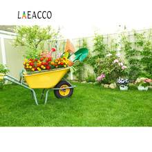 Laeacco Green Spring Wheel Barrow Garden Tools Grass Flower Scenic Photo Backdrop Photography Backgrounds Photocall Photo Studio 2024 - buy cheap