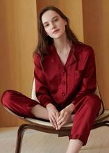 22 мм пижамы из натурального шелка для Для женщин комплекты костюм дамы Шёлковая пижама с длинными рукавами и брюки красные, черные синий, серый 100% шелк тутового шелкопряда пижамы 2024 - купить недорого
