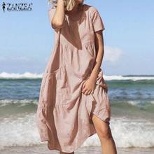 ZANZEA 2021 Vintage Casual Midi Dress Women's Sundress Elegant Short Sleeve Tunic Vestidos Female O Neck Cotton Robe Plus Size 2024 - buy cheap