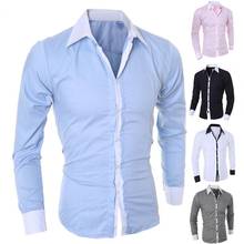 Business Men Turn Down Collar Long Sleeve Color Block Cotton Prom Slim Shirt 2024 - buy cheap