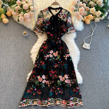 Vestido elegante de manga corta con lazo en contraste y cuello redondo para mujer, ropa ajustada con bordado de flores, 2021 2024 - compra barato