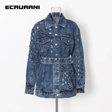 ECRURANI Blue Hollow Out Casual Denim Jackets For Women Lapel Long Sleeve Sashes Patchwork Coats Female 2021 Fashion New Clothes 2024 - buy cheap