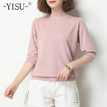 Yisu 2021 feminino casual manga média camisola pulôver verão meia gola alta cor sólida malha pulôver feminino fina camiseta 2024 - compre barato