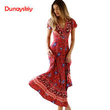 New Popular 2020 Summer Women V-neck Short Sleeve Boho Bohemian Floral Print High Split Beach Long Dress Wrap Maxi Dresses 2024 - buy cheap