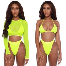 2021 Neon Yellow Crop Top Swimwear Women Summer Sexy Beachwear Mesh Long Sleeve Cover Ups Top Three Piece Swimsuit Bikini Set 2024 - buy cheap