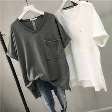 Женская футболка с коротким рукавом, корейская мода, простой сплошной цвет, карман, v-образный вырез, плюс размер, черный, лето 2020 2024 - купить недорого