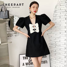 Винтажное летнее платье CHEERART с пышными рукавами, женское короткое платье с коротким рукавом, V-образным вырезом и бантом, ТРАПЕЦИЕВИДНОЕ женское черное маленькое платье, корейская мода 2024 - купить недорого