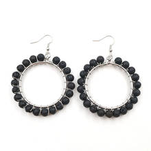1 Pair Silver Plated Black Lava Stone Beads Round Drop Earrings Ethnic Style Jewelry 2024 - buy cheap