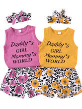 Модный комплект одежды для маленьких девочек из 3 предметов: майка с буквенным принтом + шорты с цветочным принтом + повязка на голову 2024 - купить недорого