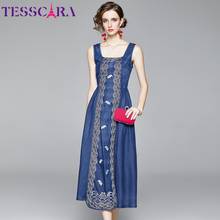 TESSCARA Women Elegant Embroidery Denim Dress Festa High Quality Long Vintage Party Robe Femme Sleeveless Designer Blue Vestidos 2024 - buy cheap