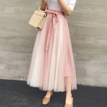 Fairy Spliced Tulle Maxi Long Skirts Korean Bow Ribbon Contast Candy Color Patchwork Mesh Pleated A-line Ankle Long Skirts 2024 - buy cheap